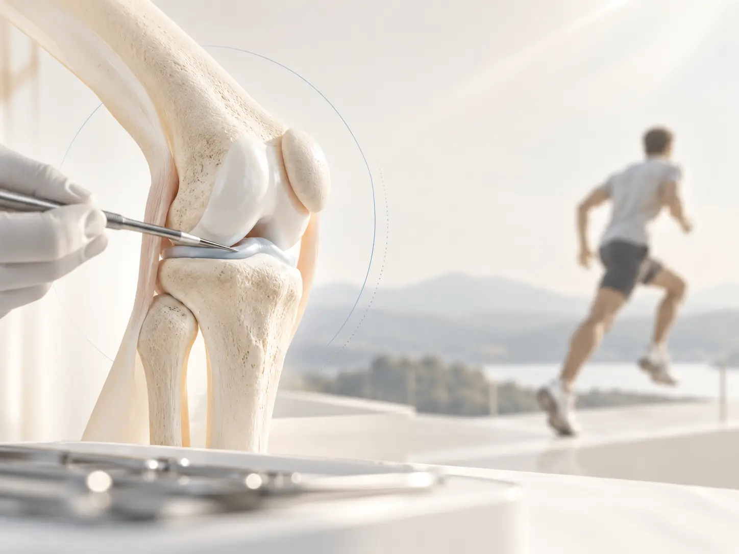 Knee joint model in the foreground with a runner in motion behind it