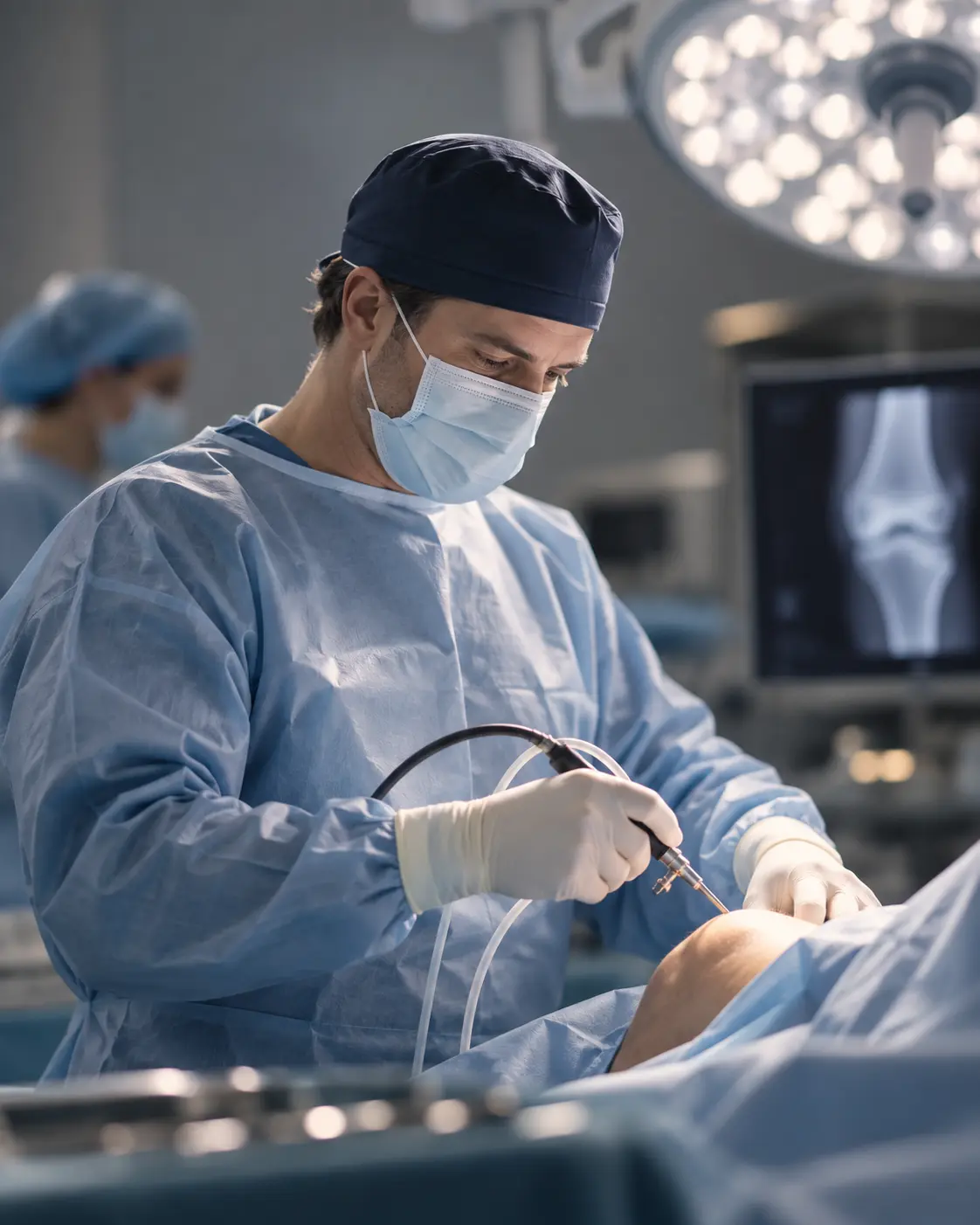 Surgeon reviewing joint imaging during an arthroscopic procedure