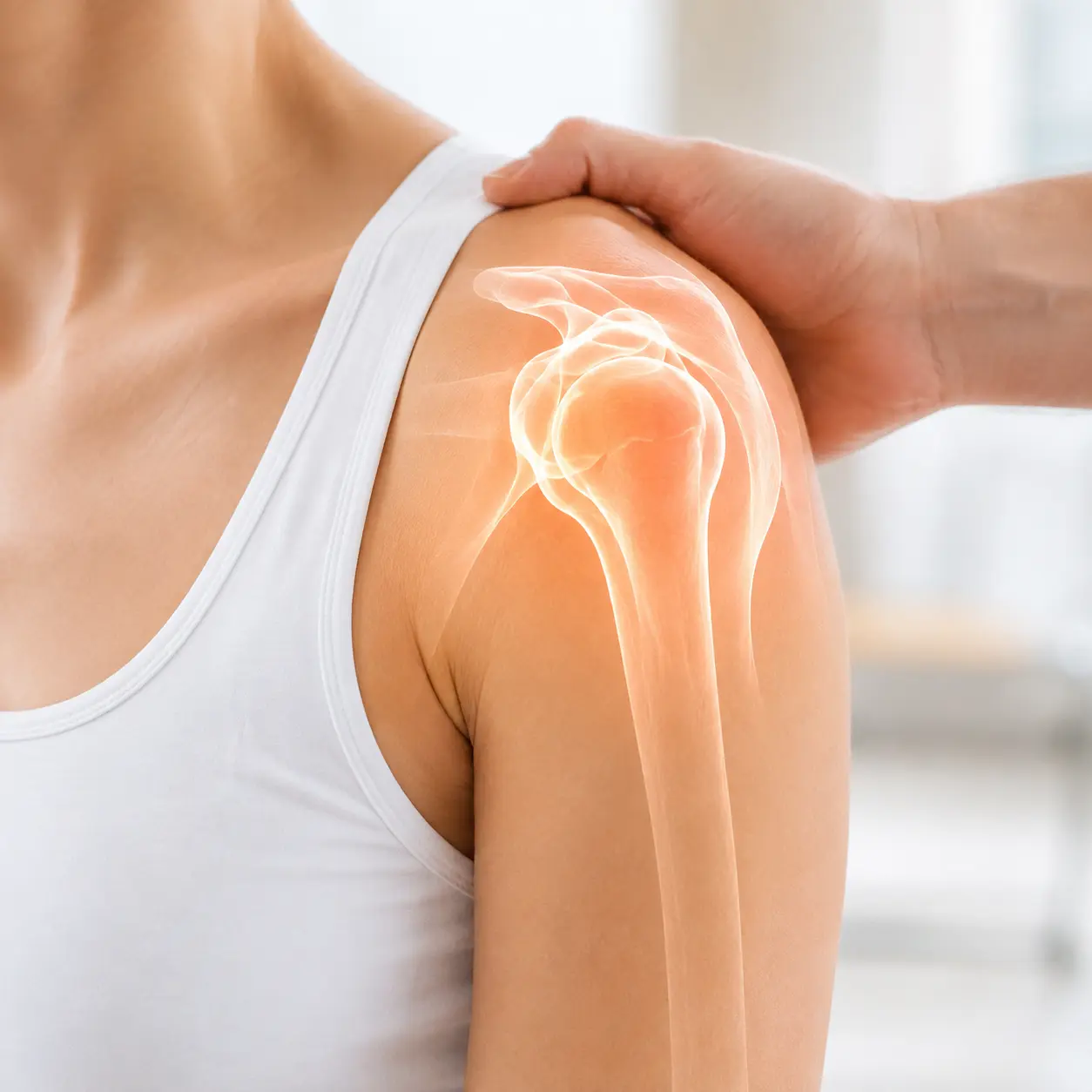 Shoulder joint highlighted to illustrate cortisone injection treatment
