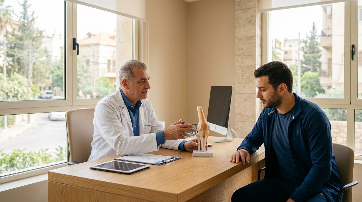 Dr Anthony Kamel explaining a knee model to a patient during a consultation