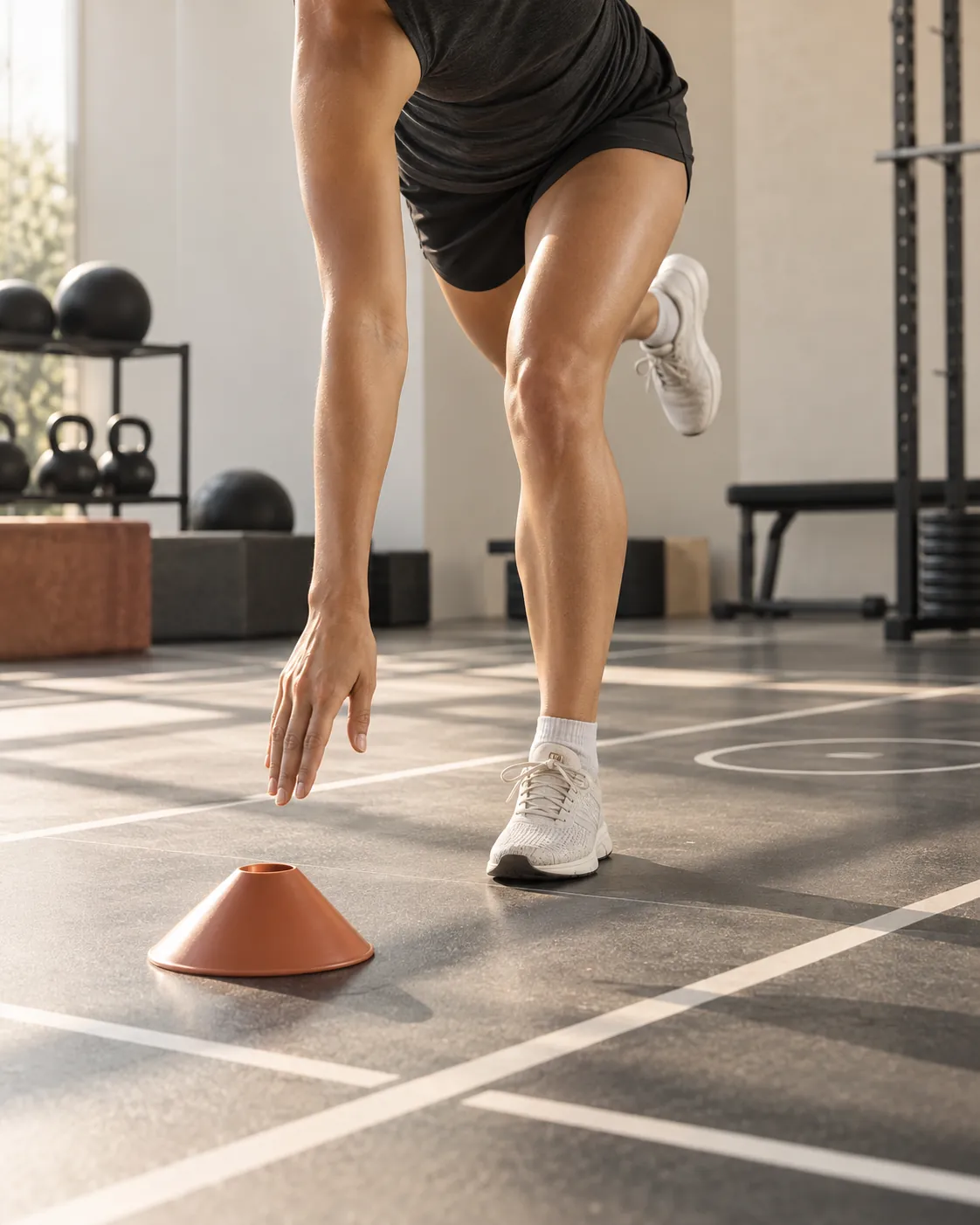 Athlete reaching toward a training cone during an agility drill