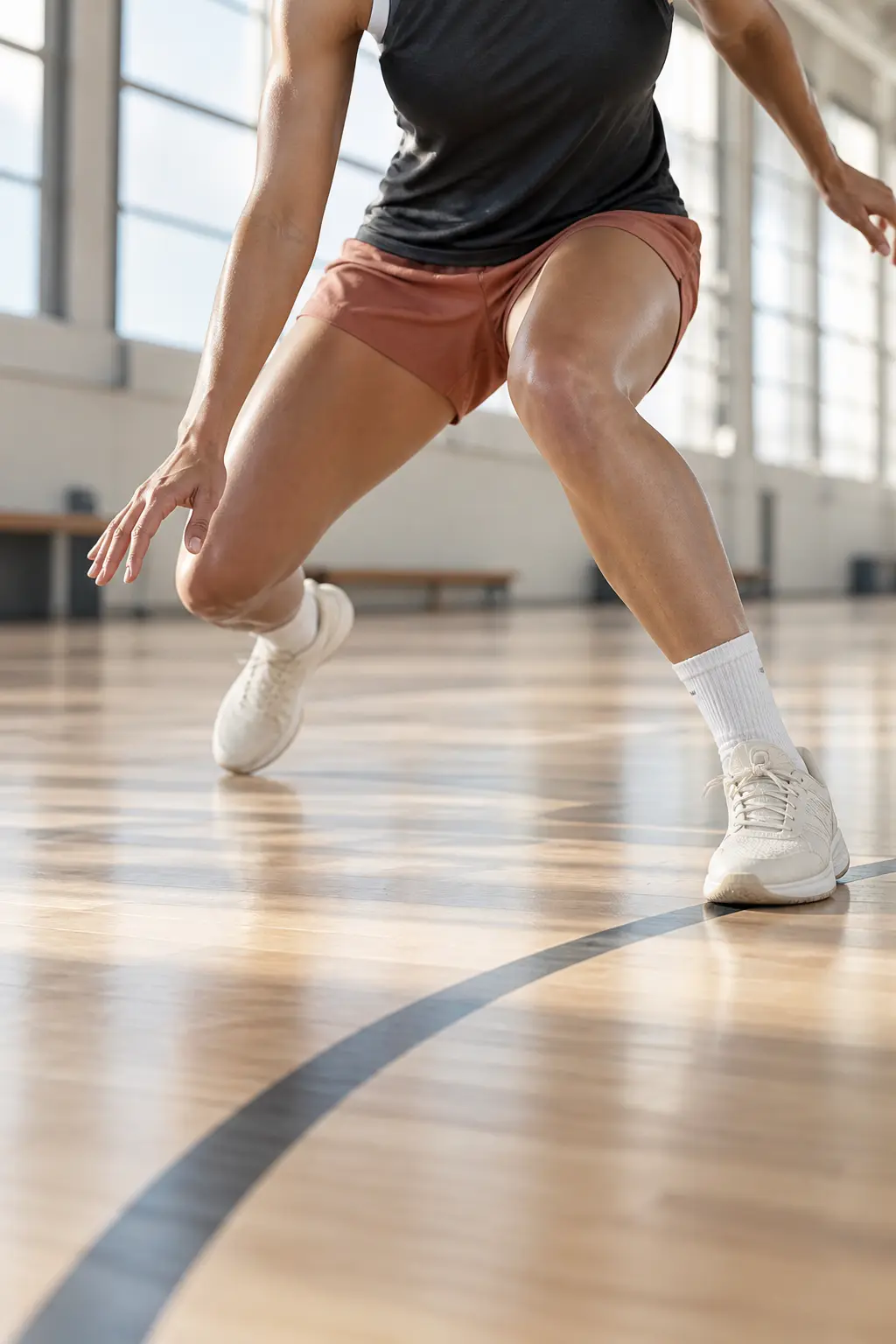 Basketball player decelerating on court