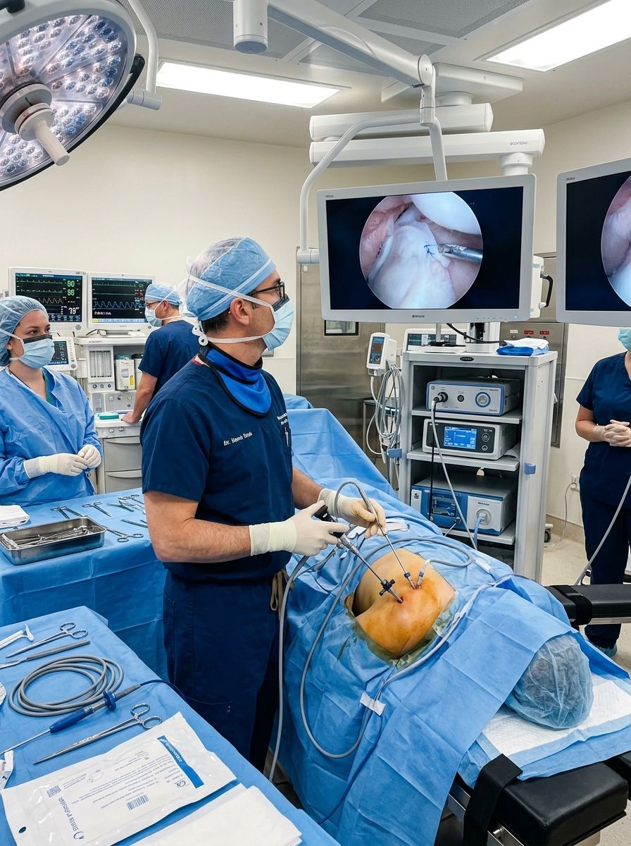 Arthroscopic shoulder surgery with the joint camera view on the operating room monitor