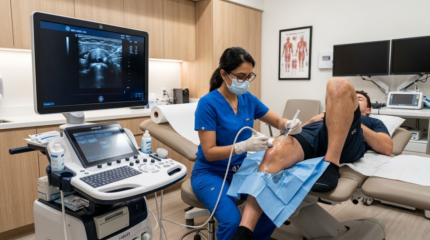 Ultrasound guided procedure being performed on a patient's knee