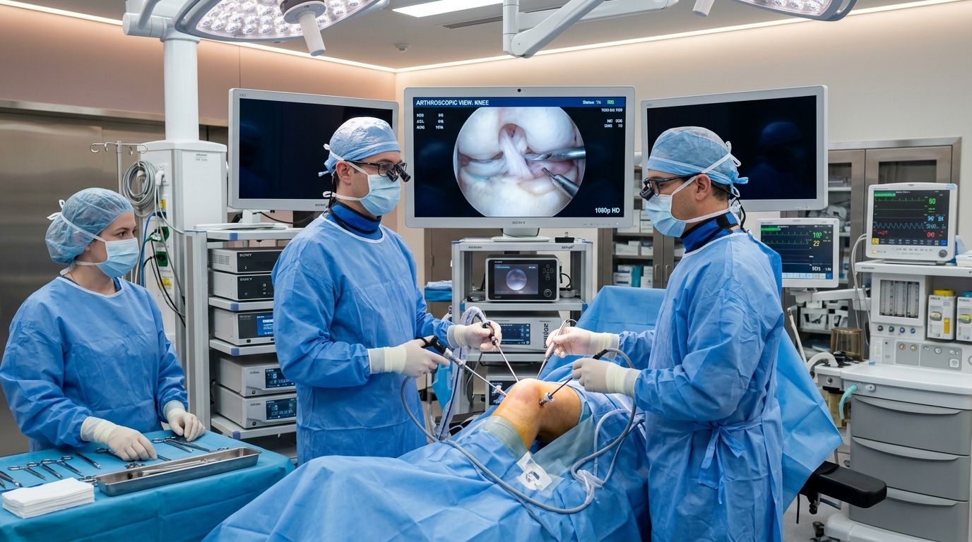 Arthroscopic procedure with the joint camera view displayed on operating room monitors